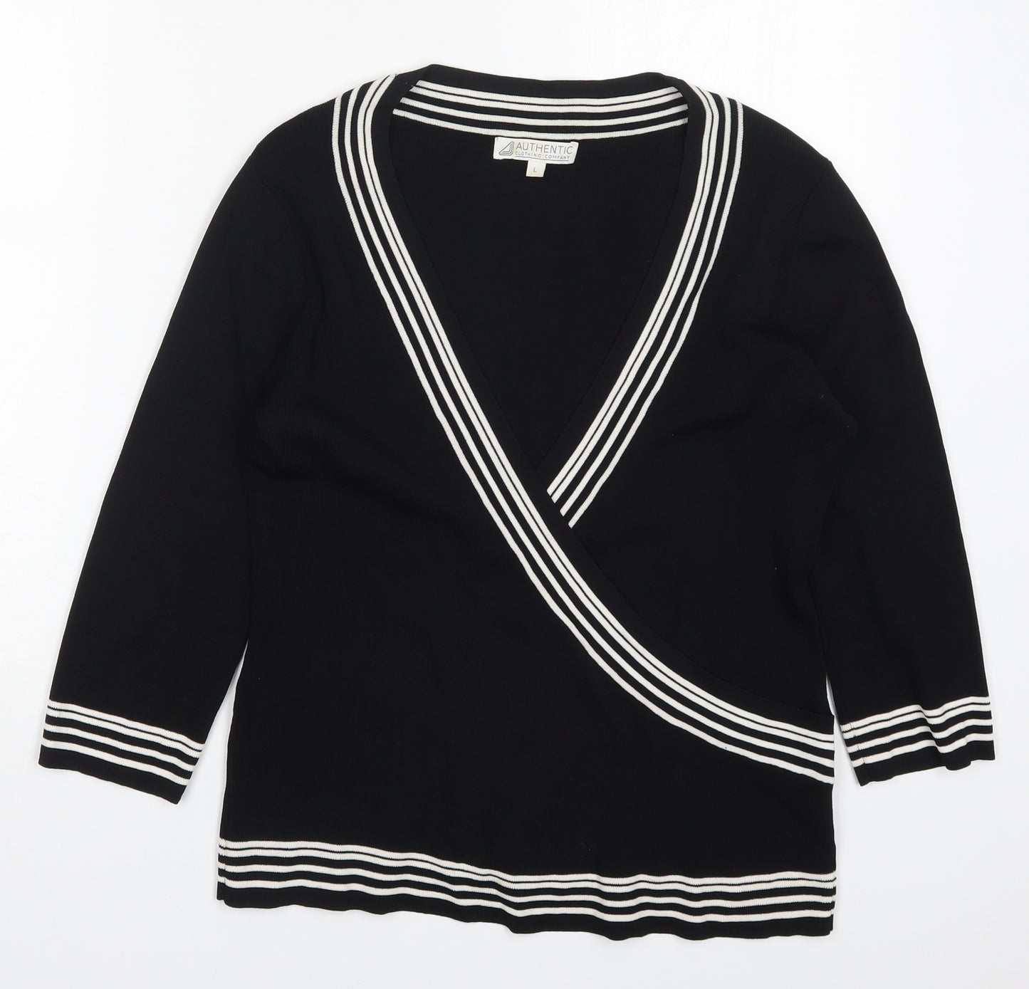 Authentic Clothing Company Womens Black V-Neck Striped Viscose Pullover Jumper Size L