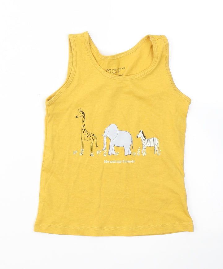 Primark Girls Yellow Cotton Basic Tank Size 2-3 Years Crew Neck - Zoo Animals