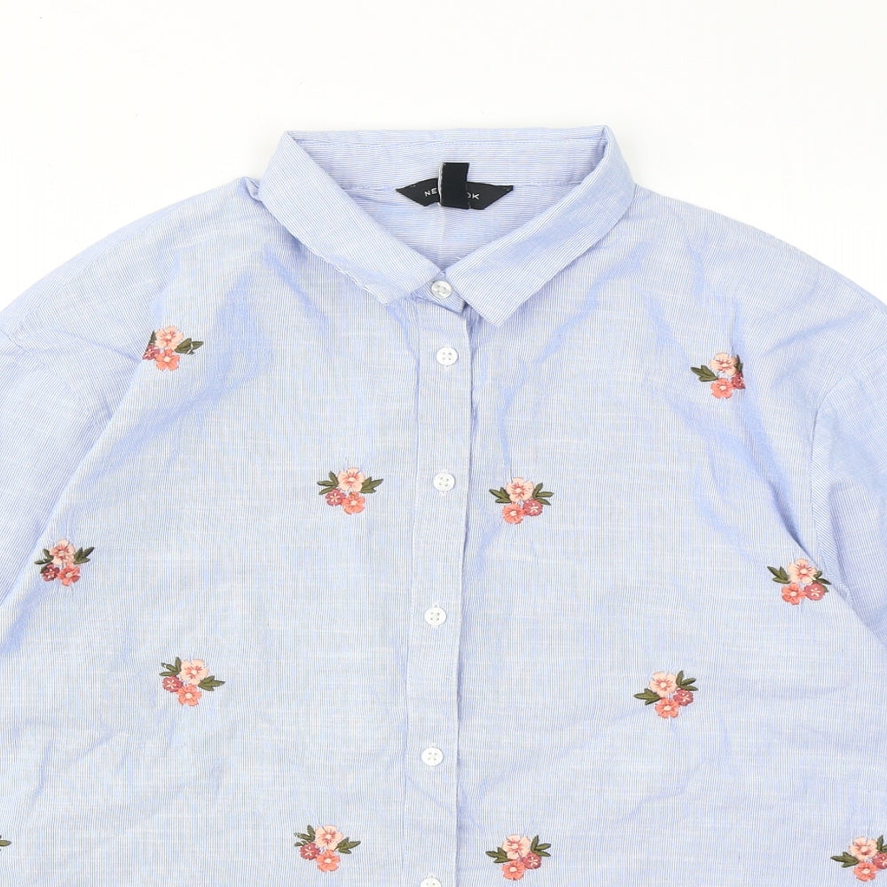 New Look Womens Blue Striped Cotton Basic Button-Up Size 10 Collared