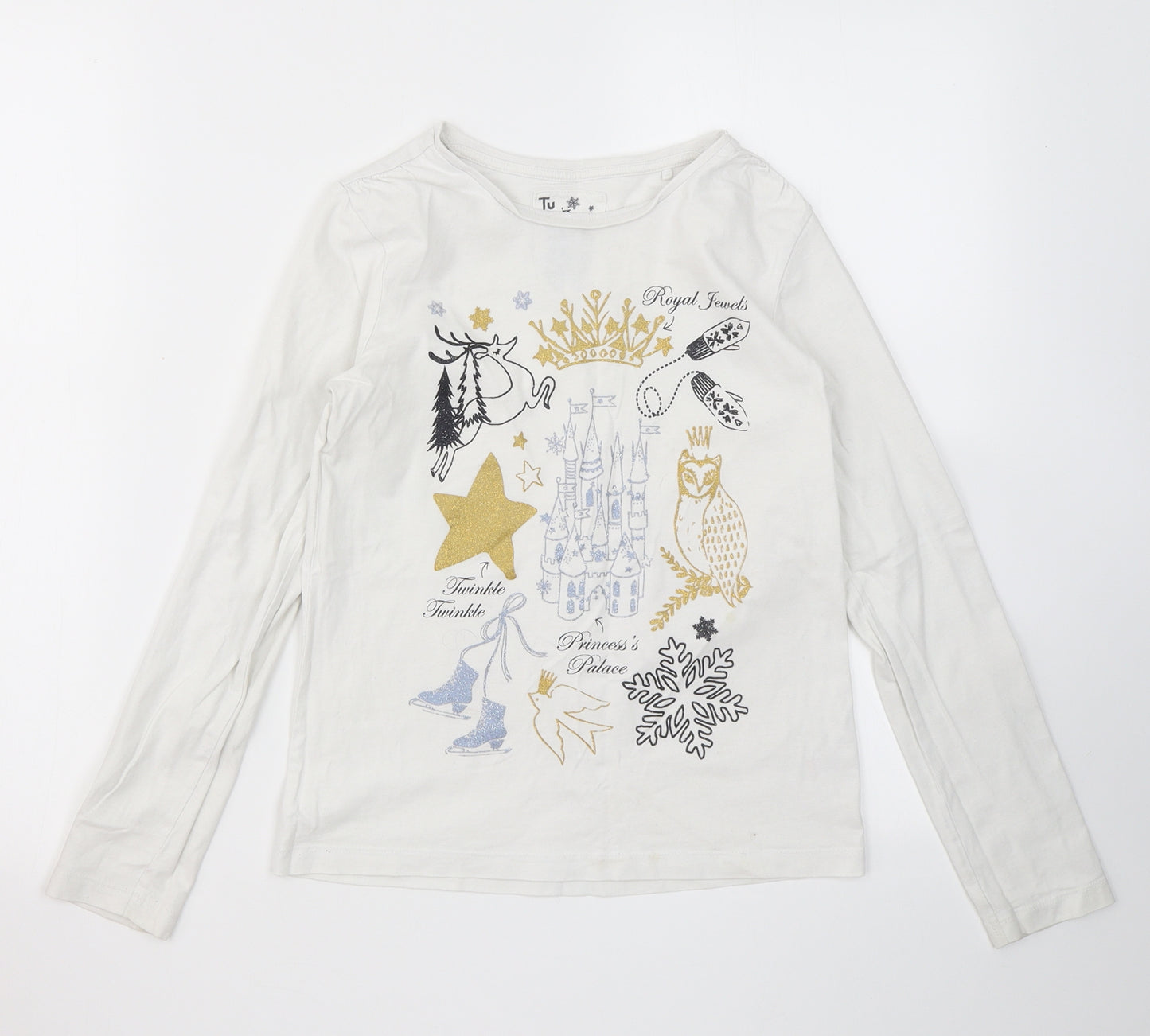 TU Girls White  Cotton Basic T-Shirt Size 11 Years Crew Neck  - Ice Princess