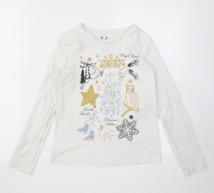 TU Girls White  Cotton Basic T-Shirt Size 11 Years Crew Neck  - Ice Princess
