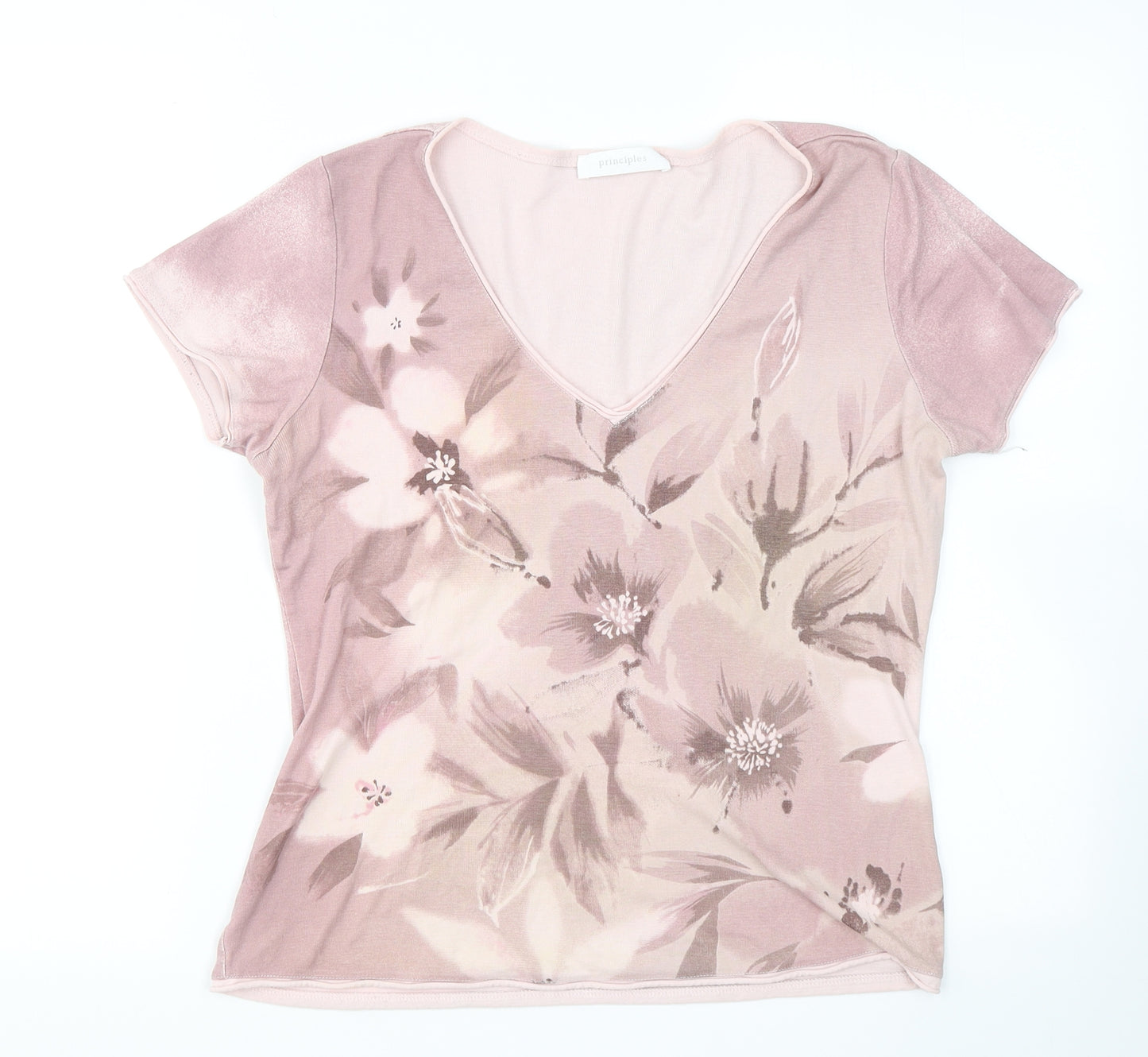 Principles Womens Pink Floral Cotton Basic T-Shirt Size 14 V-Neck