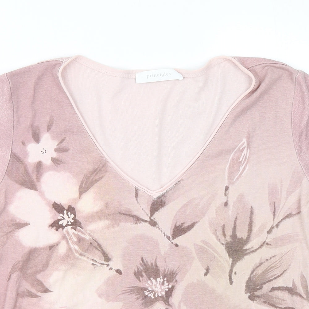Principles Womens Pink Floral Cotton Basic T-Shirt Size 14 V-Neck
