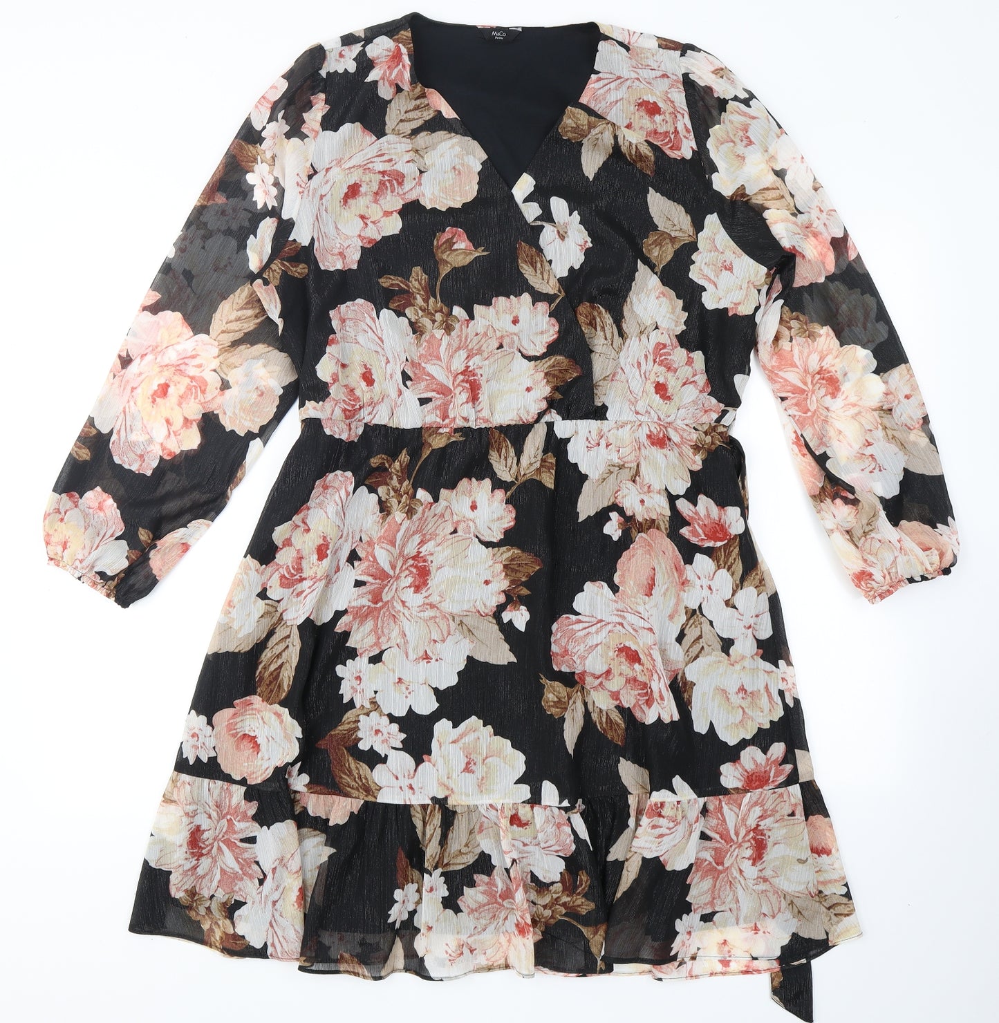 M&Co Womens Black Floral Polyester Skater Dress  Size 16  V-Neck