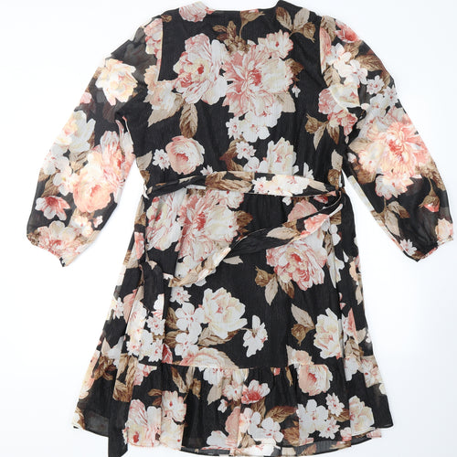 M&Co Womens Black Floral Polyester Skater Dress  Size 16  V-Neck