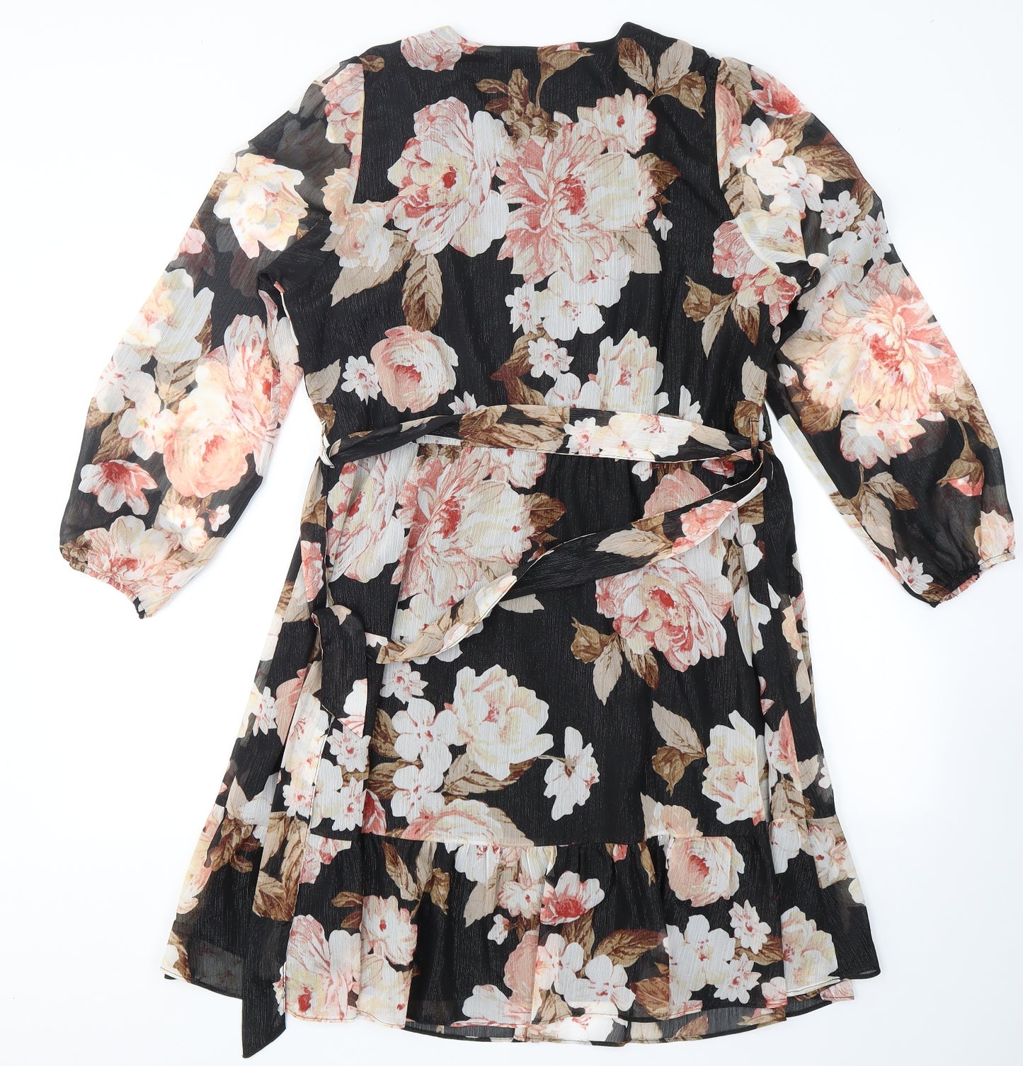 M&Co Womens Black Floral Polyester Skater Dress  Size 16  V-Neck