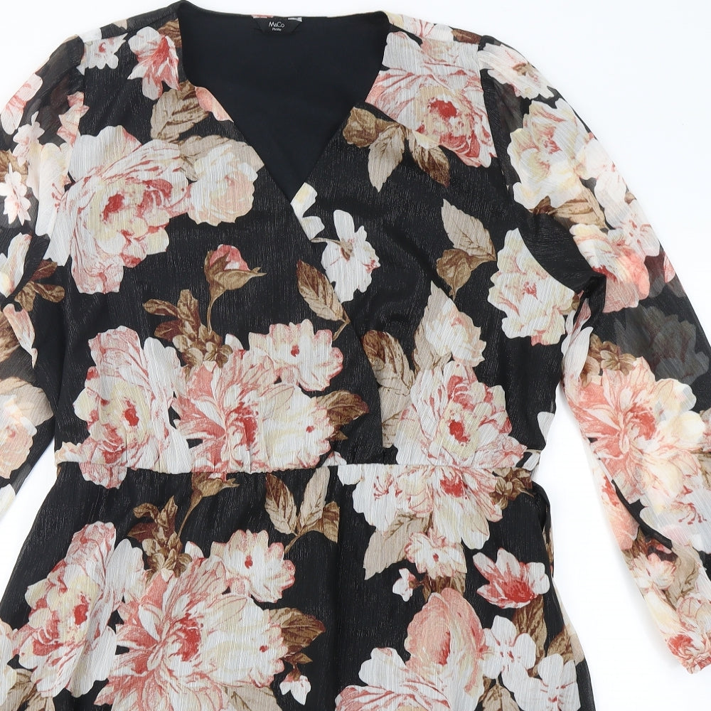 M&Co Womens Black Floral Polyester Skater Dress  Size 16  V-Neck