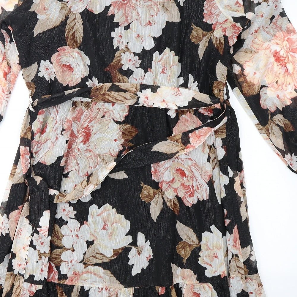 M&Co Womens Black Floral Polyester Skater Dress  Size 16  V-Neck