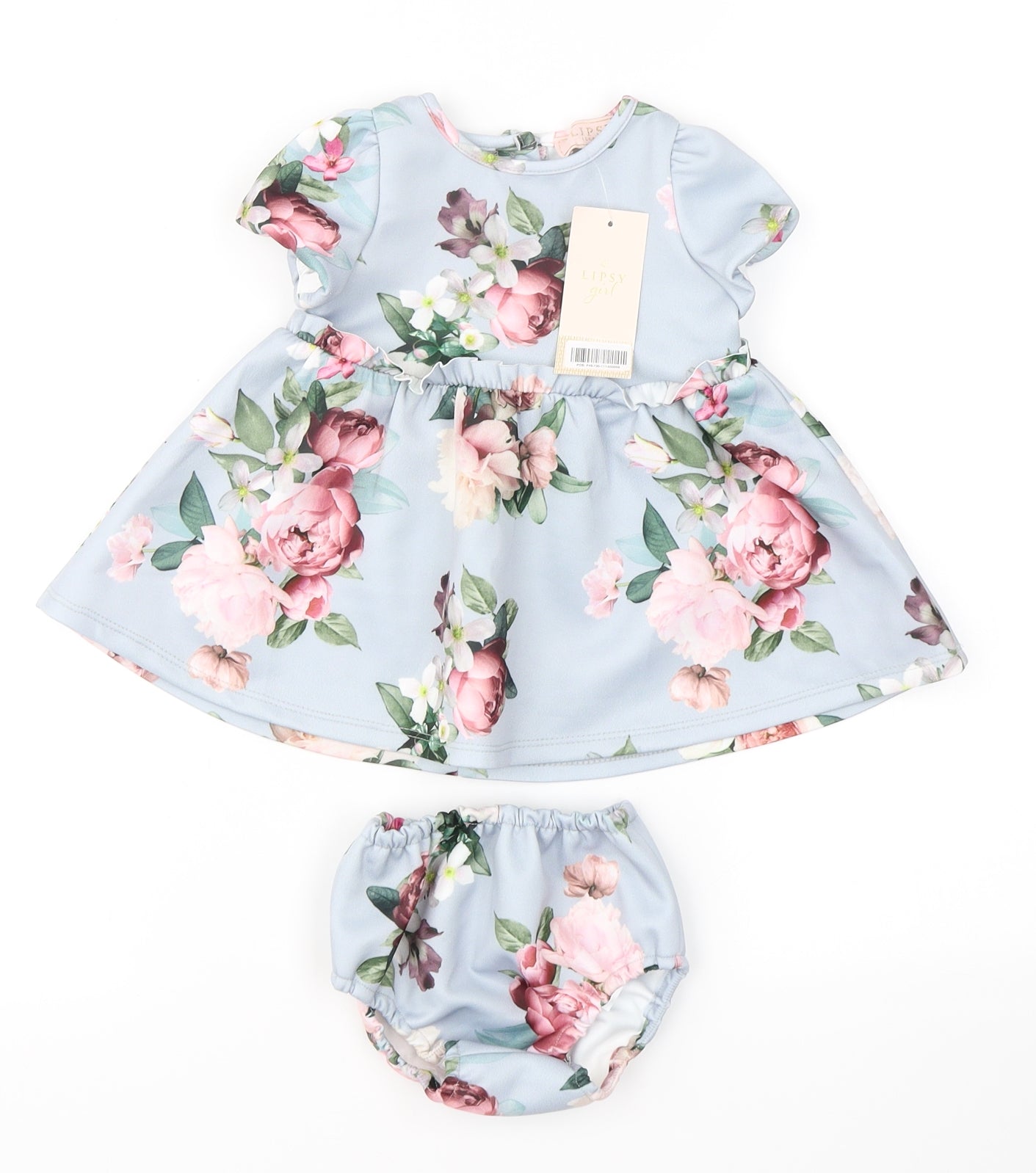 Lipsy Girls Blue Floral Polyester Skater Dress  Size 3-6 Months  Crew Neck Button - With bloomers
