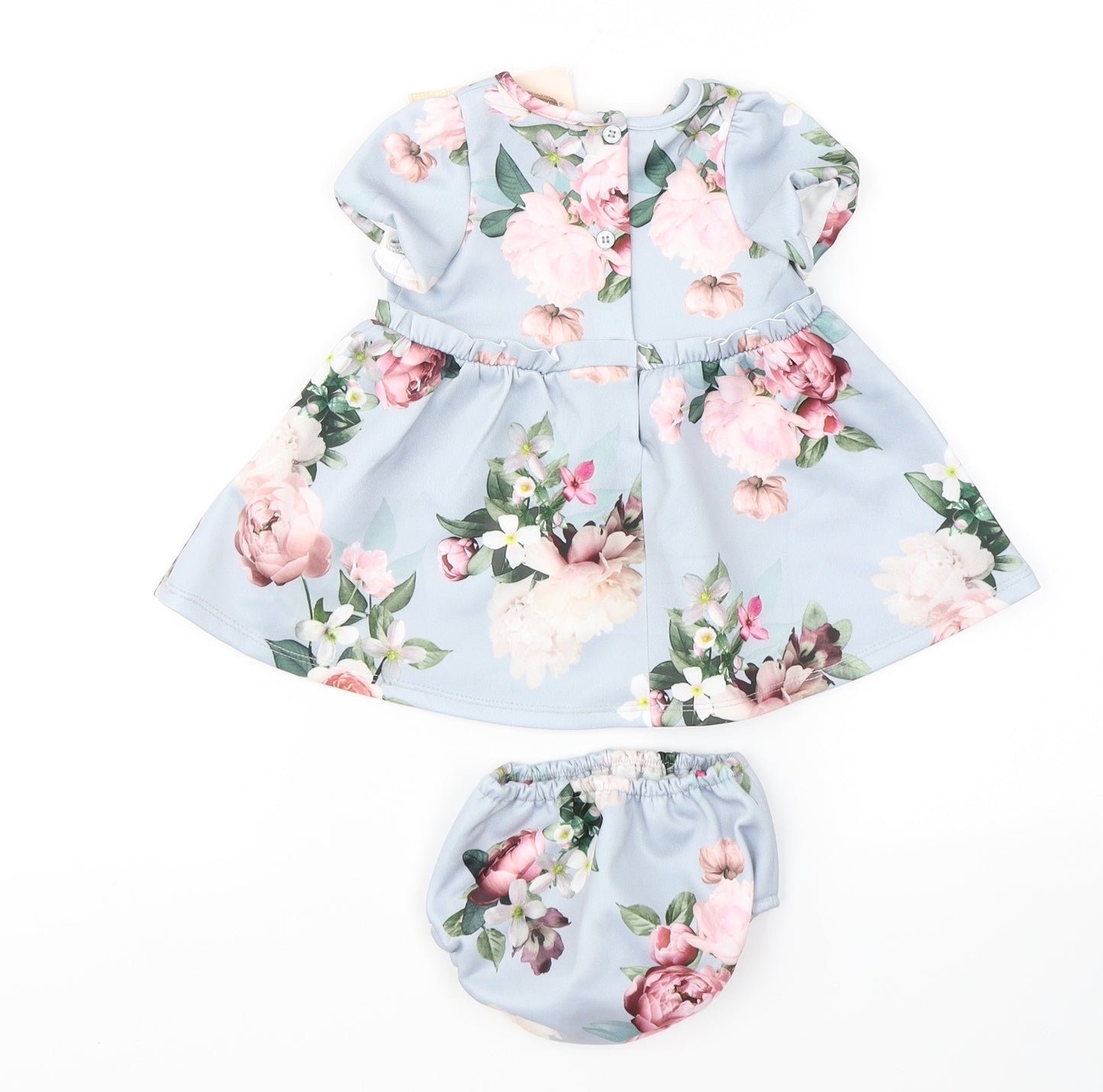 Lipsy Girls Blue Floral Polyester Skater Dress  Size 3-6 Months  Crew Neck Button - With bloomers