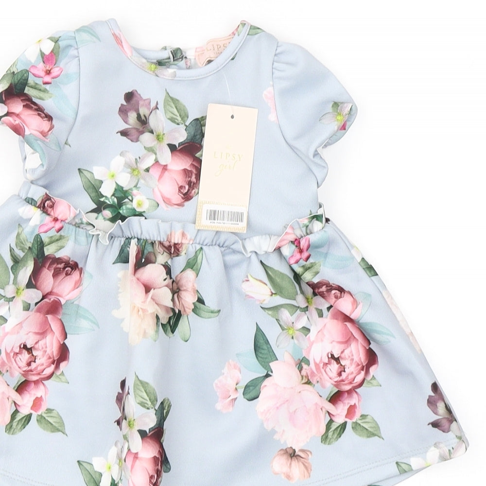 Lipsy Girls Blue Floral Polyester Skater Dress  Size 3-6 Months  Crew Neck Button - With bloomers