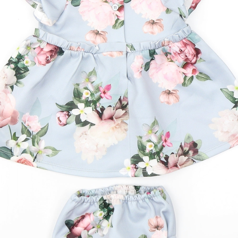Lipsy Girls Blue Floral Polyester Skater Dress  Size 3-6 Months  Crew Neck Button - With bloomers