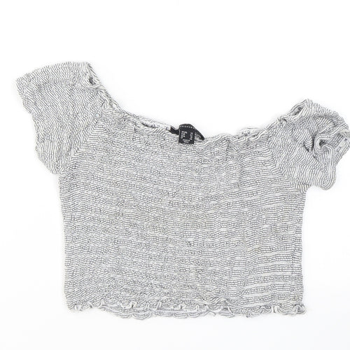 Atmosphere Womens Grey Striped Viscose Cropped T-Shirt Size 14 Off the Shoulder