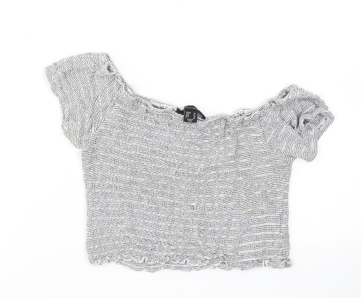 Atmosphere Womens Grey Striped Viscose Cropped T-Shirt Size 14 Off the Shoulder