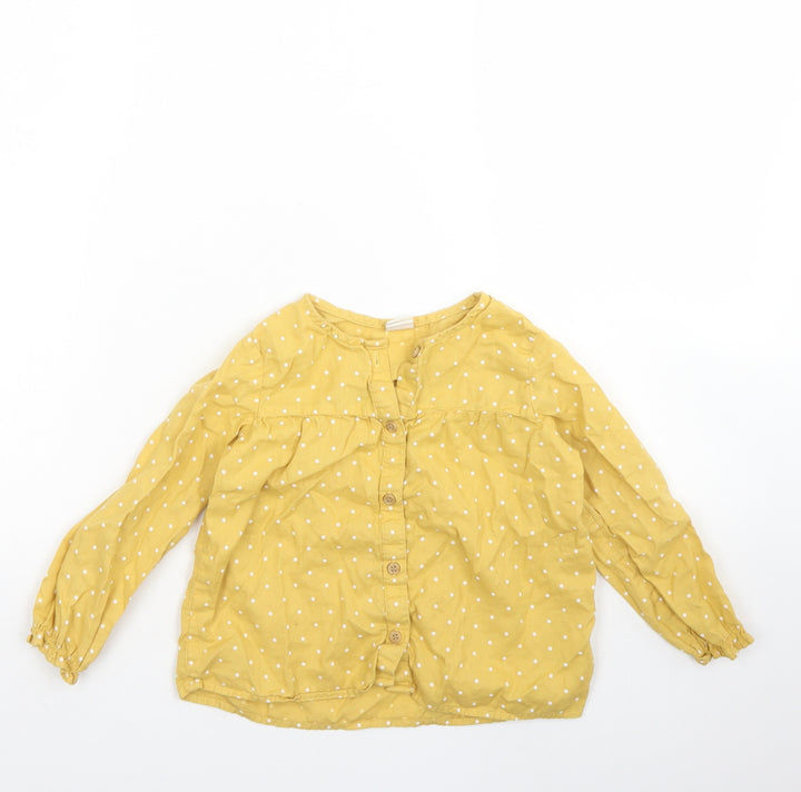 H&M Girls Yellow Polka Dot Cotton Basic Button-Up Size 2 Years Round Neck Button