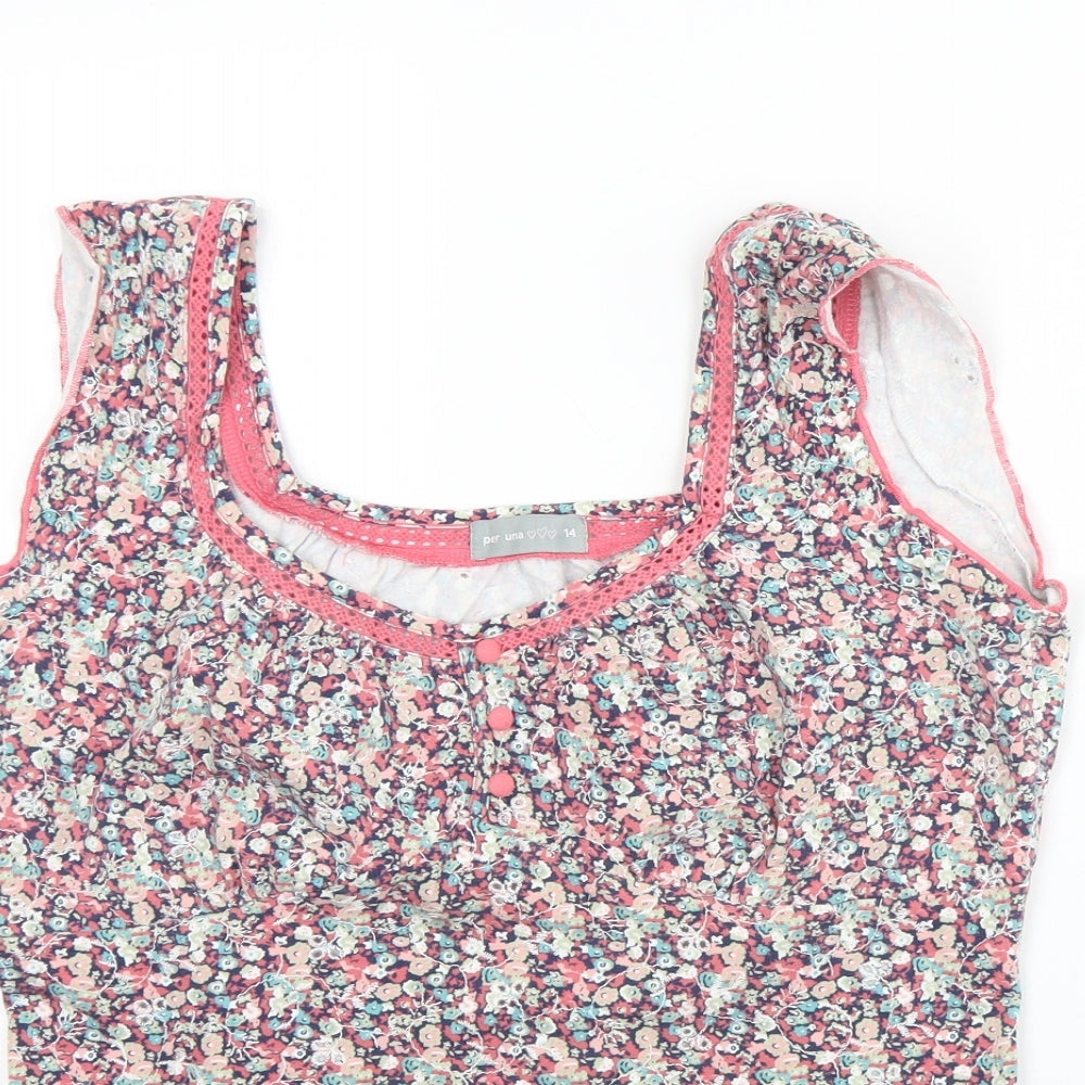 Per Una Womens White Floral Cotton Basic Tank Size 14 Round Neck