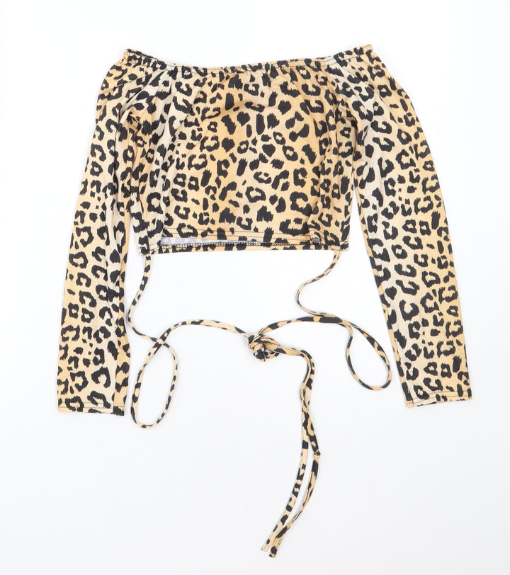 PRETTYLITTLETHING Womens Brown Animal Print Polyester Cropped T-Shirt Size 8 Off the Shoulder