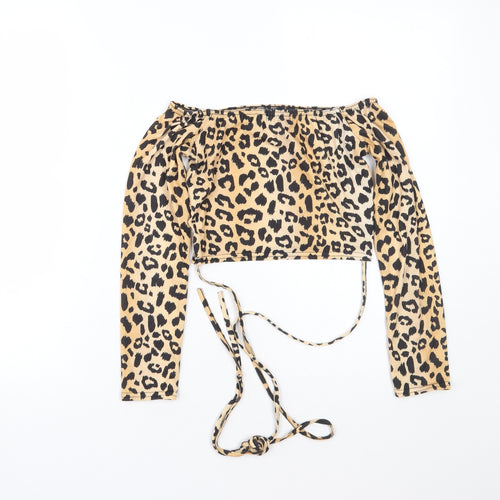 PRETTYLITTLETHING Womens Brown Animal Print Polyester Cropped T-Shirt Size 8 Off the Shoulder