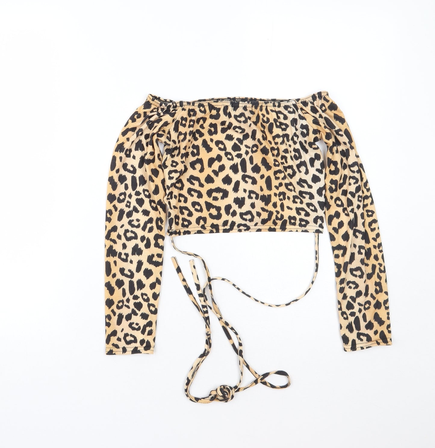 PRETTYLITTLETHING Womens Brown Animal Print Polyester Cropped T-Shirt Size 8 Off the Shoulder