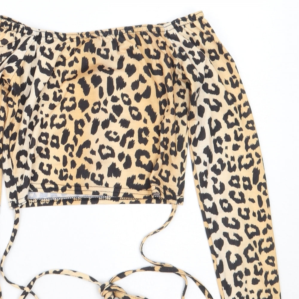 PRETTYLITTLETHING Womens Brown Animal Print Polyester Cropped T-Shirt Size 8 Off the Shoulder