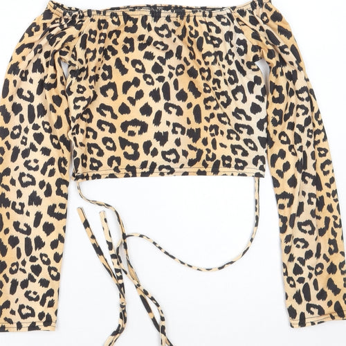 PRETTYLITTLETHING Womens Brown Animal Print Polyester Cropped T-Shirt Size 8 Off the Shoulder