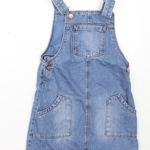 Nutmeg Girls Blue  Cotton Pinafore/Dungaree Dress  Size 7-8 Years  Square Neck Buckle