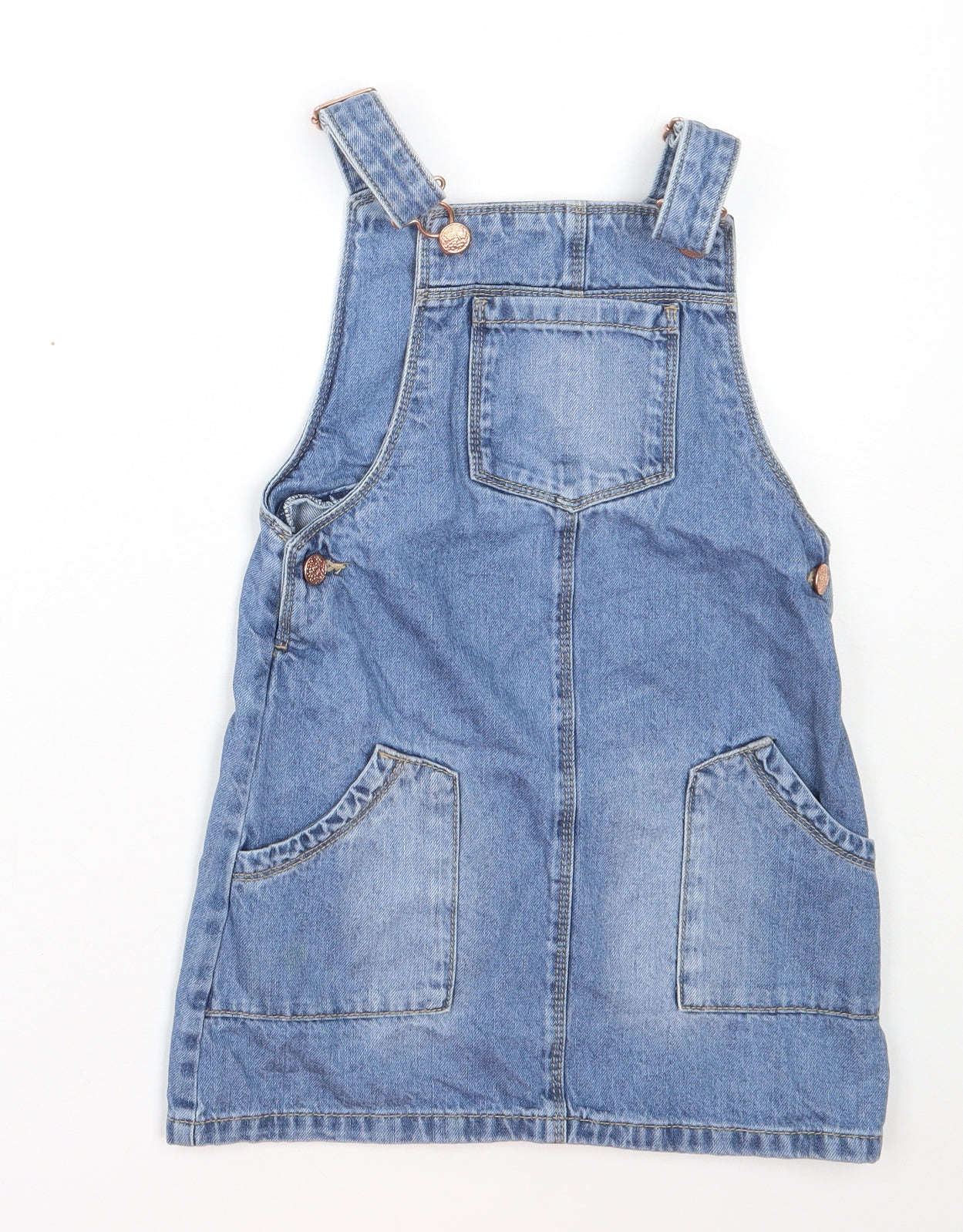 Nutmeg Girls Blue  Cotton Pinafore/Dungaree Dress  Size 7-8 Years  Square Neck Buckle