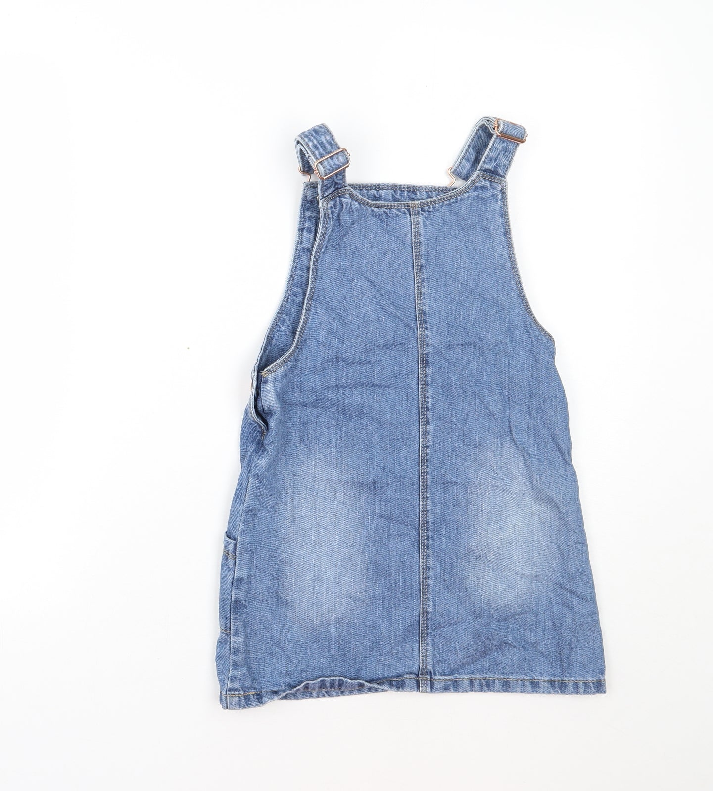 Nutmeg Girls Blue  Cotton Pinafore/Dungaree Dress  Size 7-8 Years  Square Neck Buckle