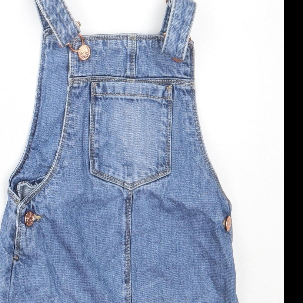 Nutmeg Girls Blue  Cotton Pinafore/Dungaree Dress  Size 7-8 Years  Square Neck Buckle