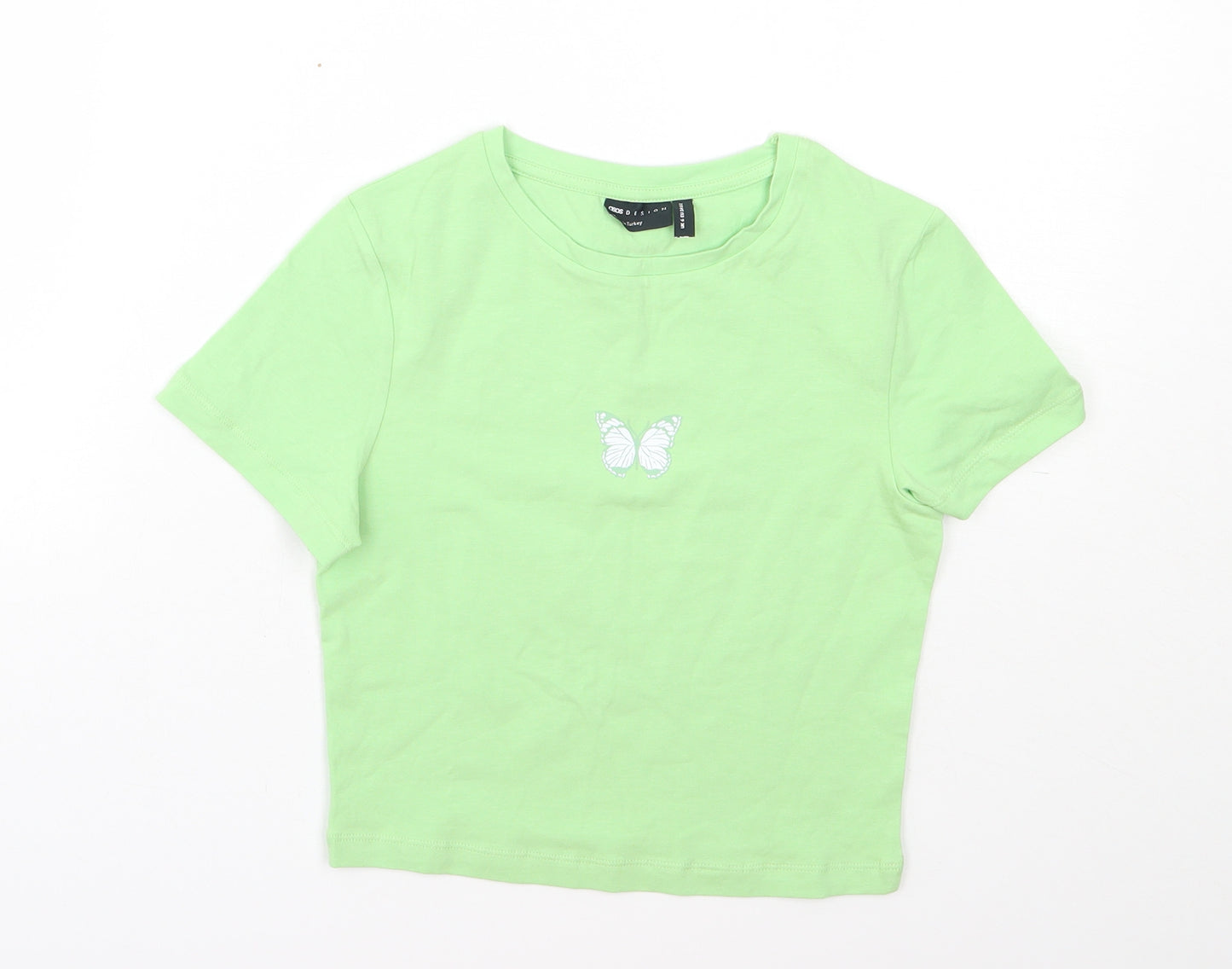 ASOS Womens Green  Cotton Basic T-Shirt Size 6 Round Neck - butterflies