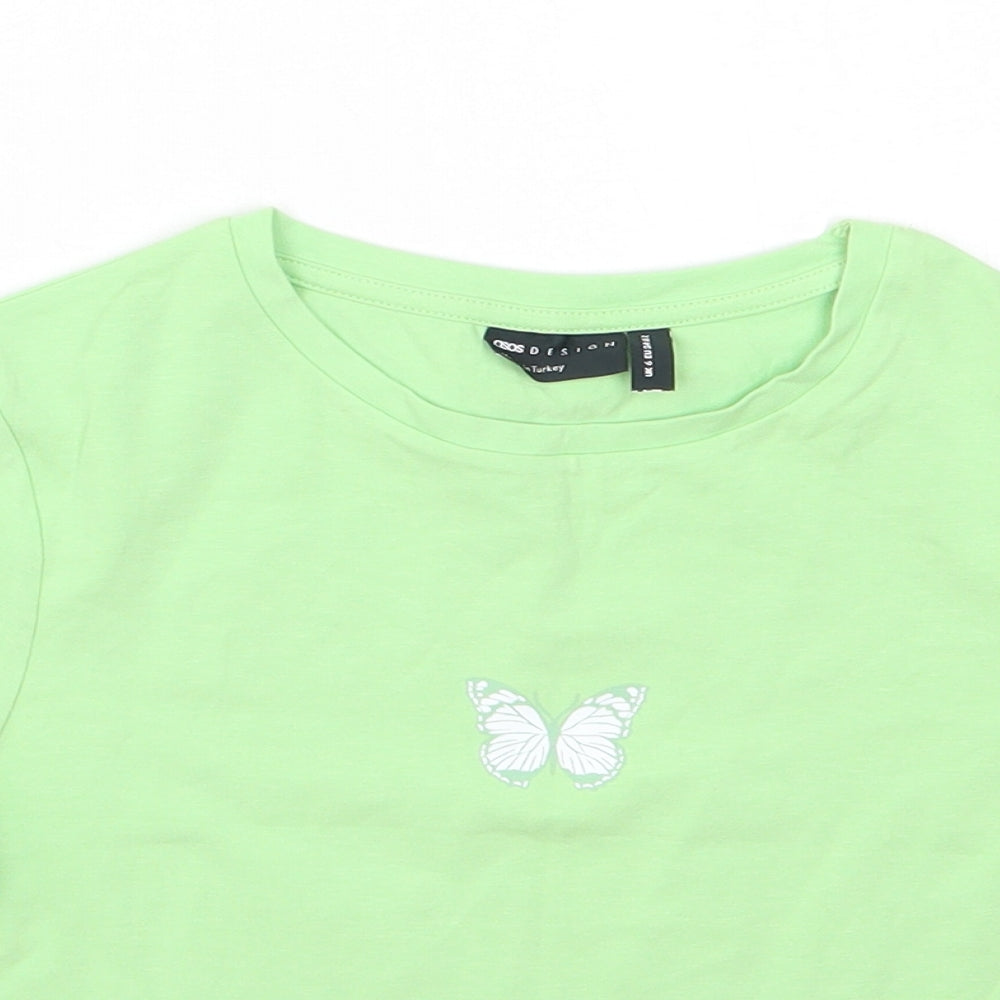 ASOS Womens Green  Cotton Basic T-Shirt Size 6 Round Neck - butterflies