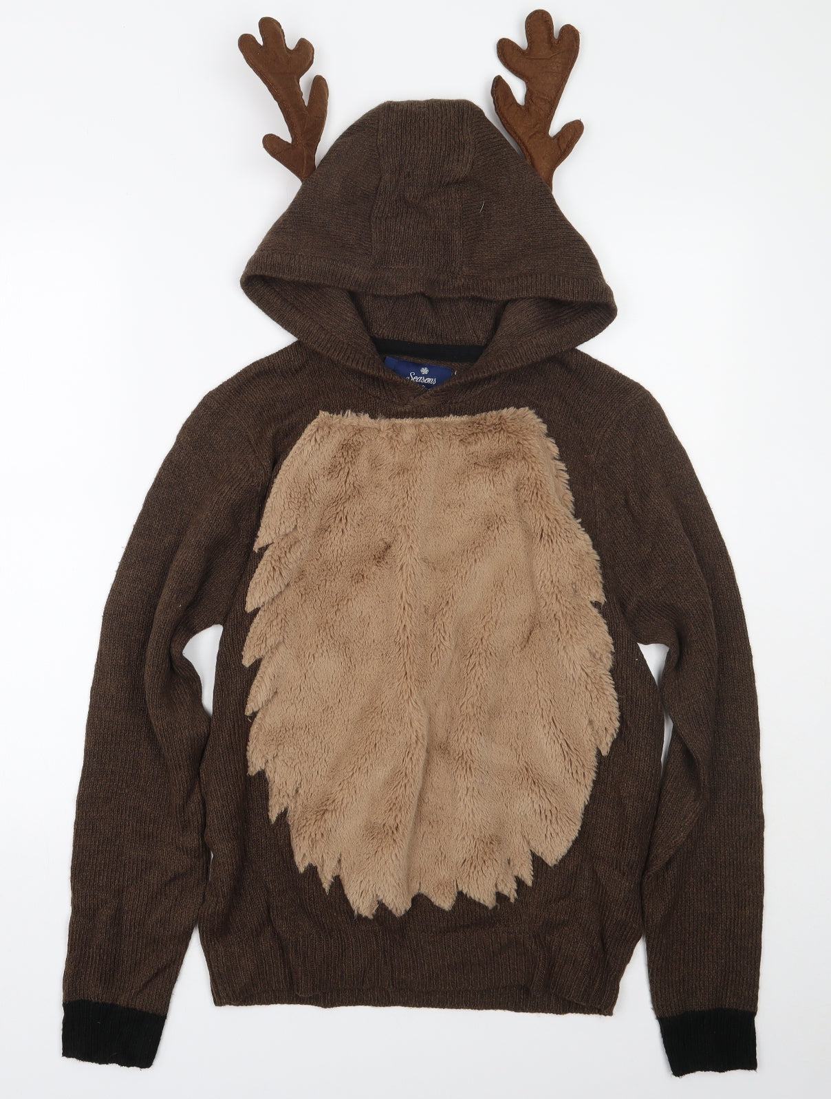 season greetings Womens Brown  Cotton Pullover Hoodie Size M   - Reindeer