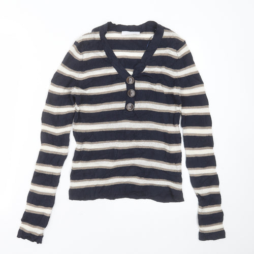 Marks and Spencer Womens Blue V-Neck Striped Cotton Pullover Jumper Size 12