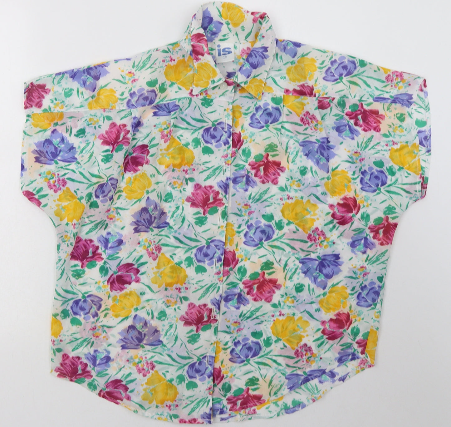 Preworn Womens Multicoloured Floral Polyester Basic Button-Up Size 12 Collared - padded shoulders