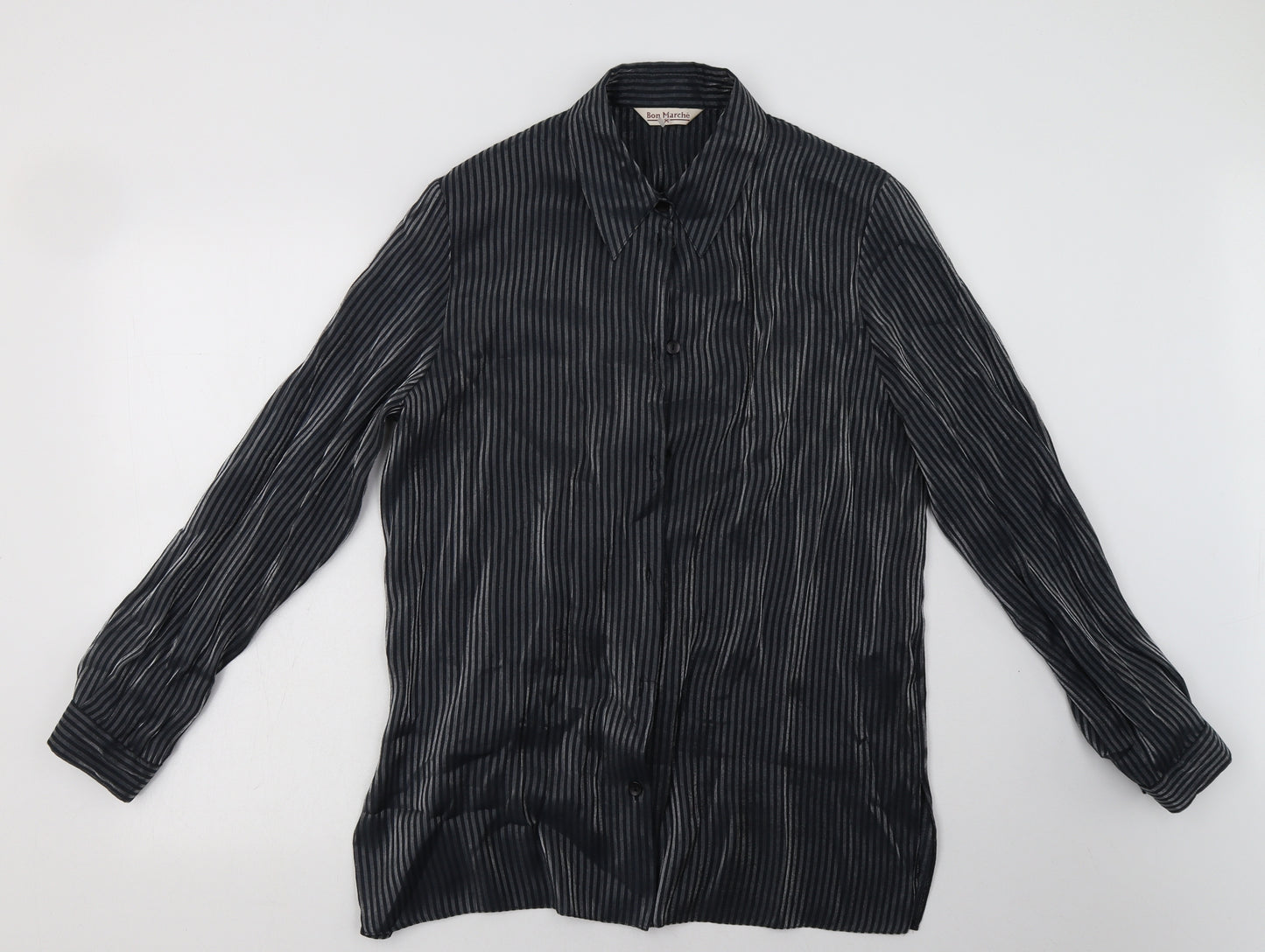 Bonmarché Womens Black Striped Polyester Basic Button-Up Size 16 Collared