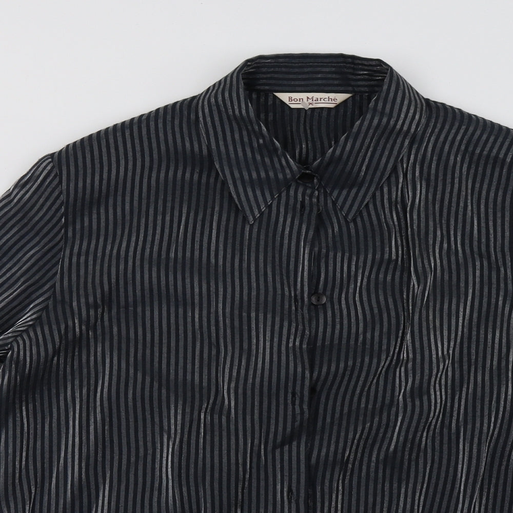 Bonmarché Womens Black Striped Polyester Basic Button-Up Size 16 Collared