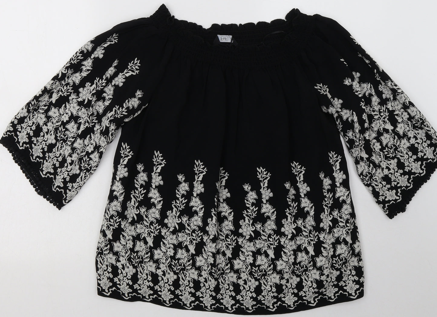 F&F Womens Black Floral Viscose Basic Blouse Size 12 Off the Shoulder