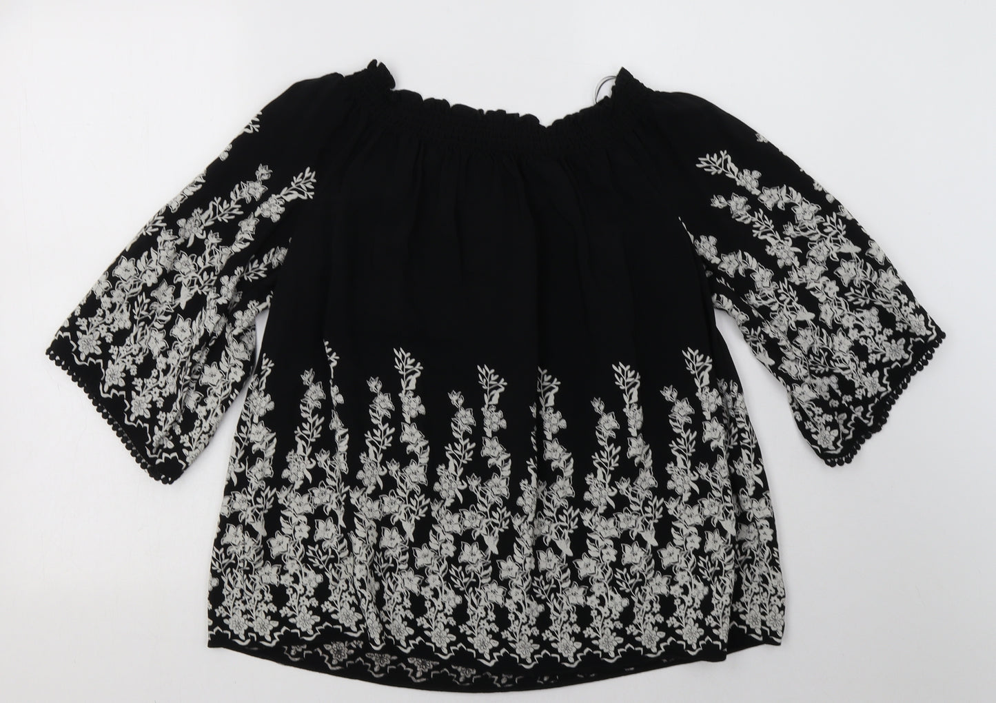 F&F Womens Black Floral Viscose Basic Blouse Size 12 Off the Shoulder