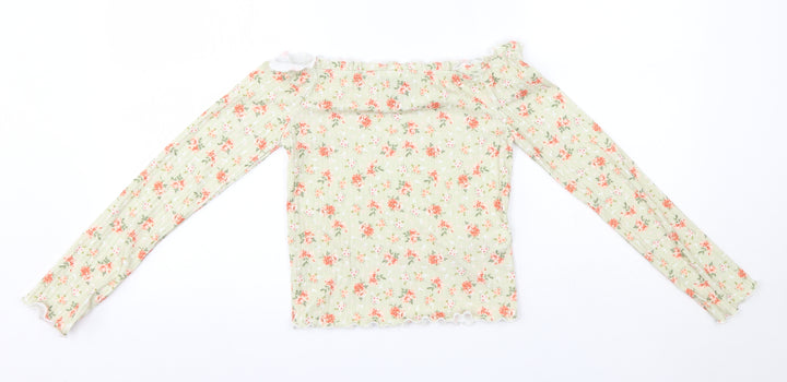 New Look Womens Green Floral Polyester Basic Blouse Size 8 Off the Shoulder