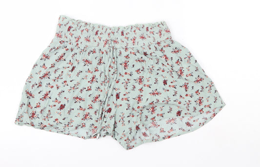 Front view of Primark women’s green floral viscose boyfriend shorts, size UK 8, regular