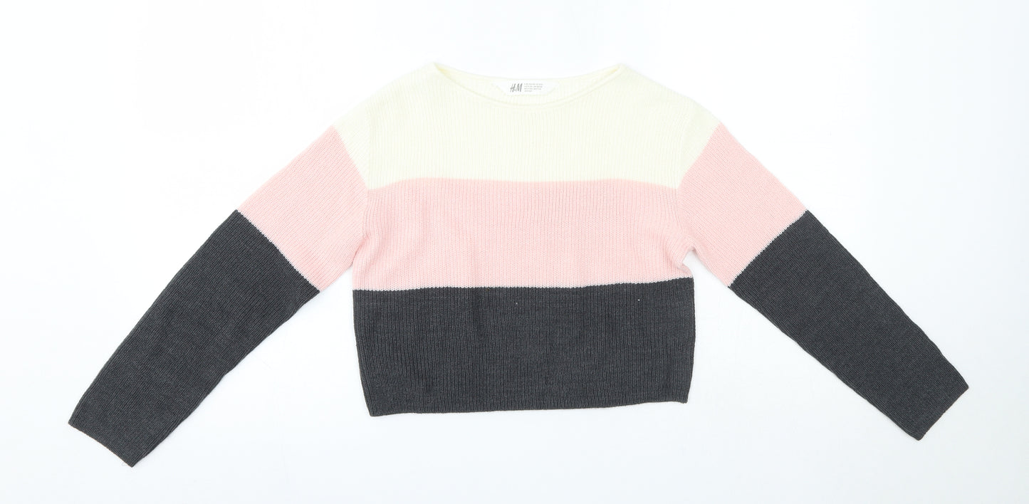 H&M Girls Multicoloured Round Neck Striped Acrylic Pullover Jumper Size 9-10 Years