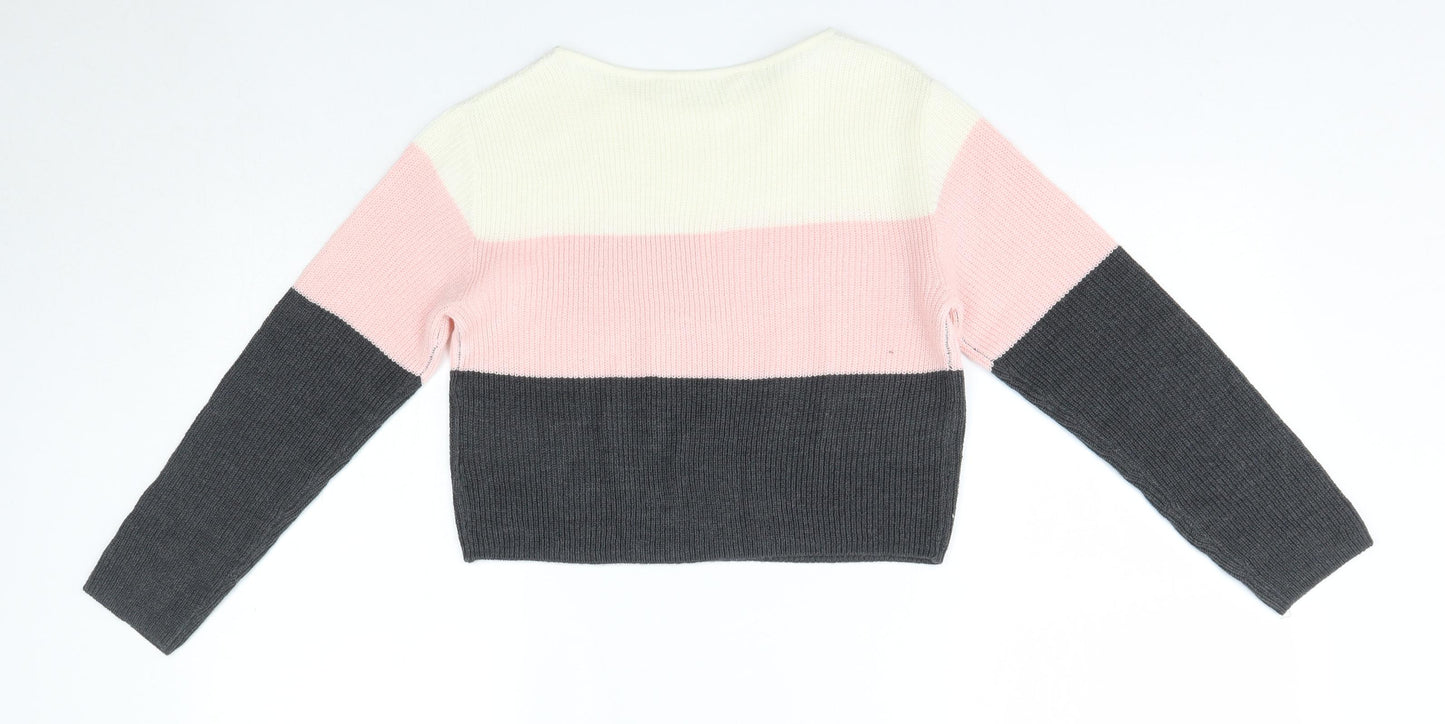 H&M Girls Multicoloured Round Neck Striped Acrylic Pullover Jumper Size 9-10 Years