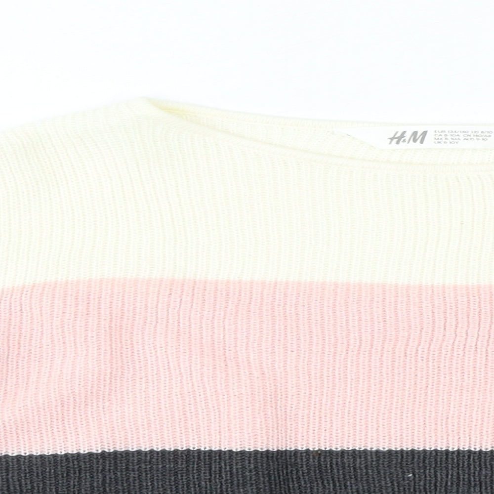 H&M Girls Multicoloured Round Neck Striped Acrylic Pullover Jumper Size 9-10 Years