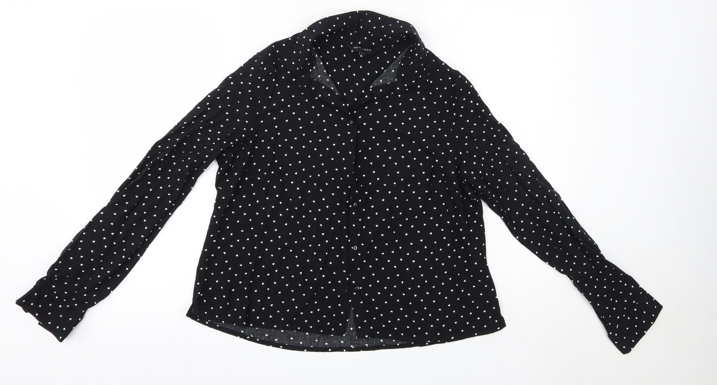 New Look Womens Black Polka Dot Viscose Basic Button-Up Size 10 Collared - Love Hearts