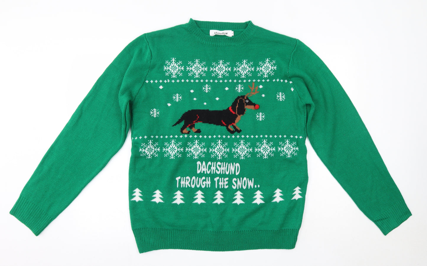 shineflow Mens Green Round Neck  Acrylic Pullover Jumper Size XL   - Dachshund Christmas