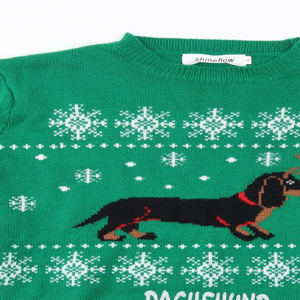 shineflow Mens Green Round Neck  Acrylic Pullover Jumper Size XL   - Dachshund Christmas
