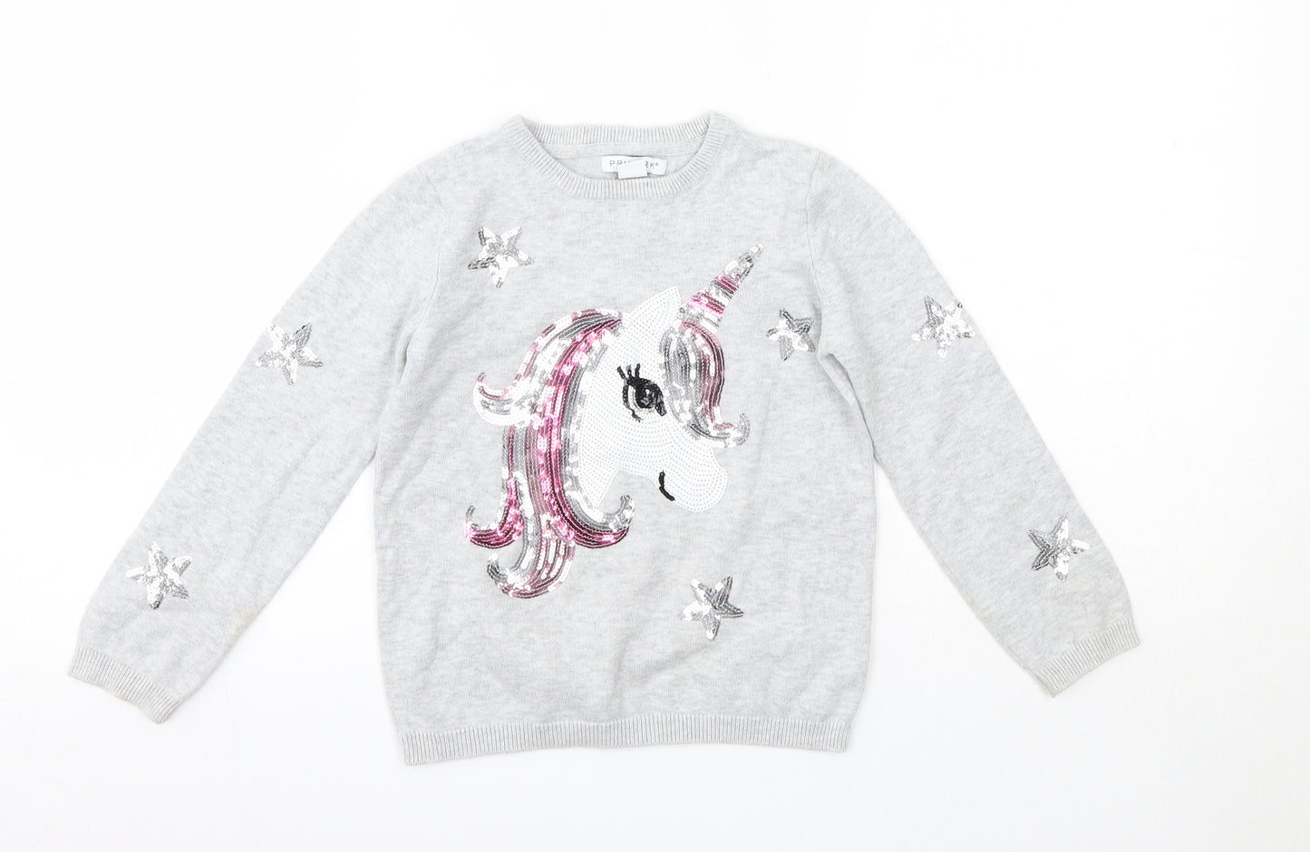 Primark Girls Grey Round Neck  100% Cotton Pullover Jumper Size 6-7 Years   - Unicorn