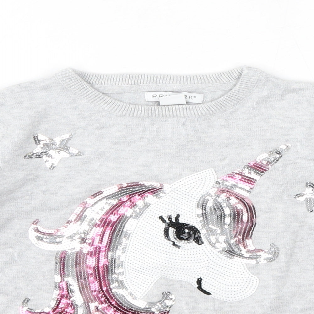 Primark Girls Grey Round Neck  100% Cotton Pullover Jumper Size 6-7 Years   - Unicorn