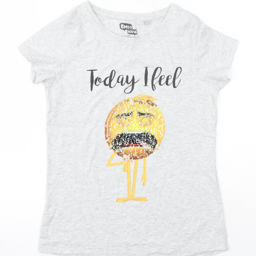 NEXT Girls Grey  100% Cotton Basic T-Shirt Size 10 Years Round Neck  - Emoji