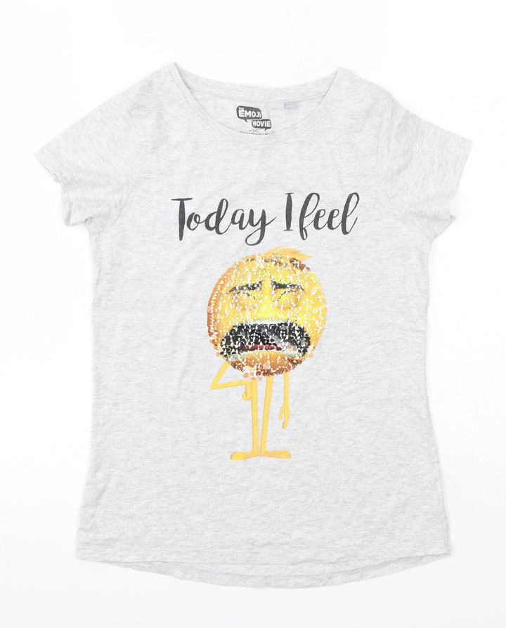 NEXT Girls Grey  100% Cotton Basic T-Shirt Size 10 Years Round Neck  - Emoji